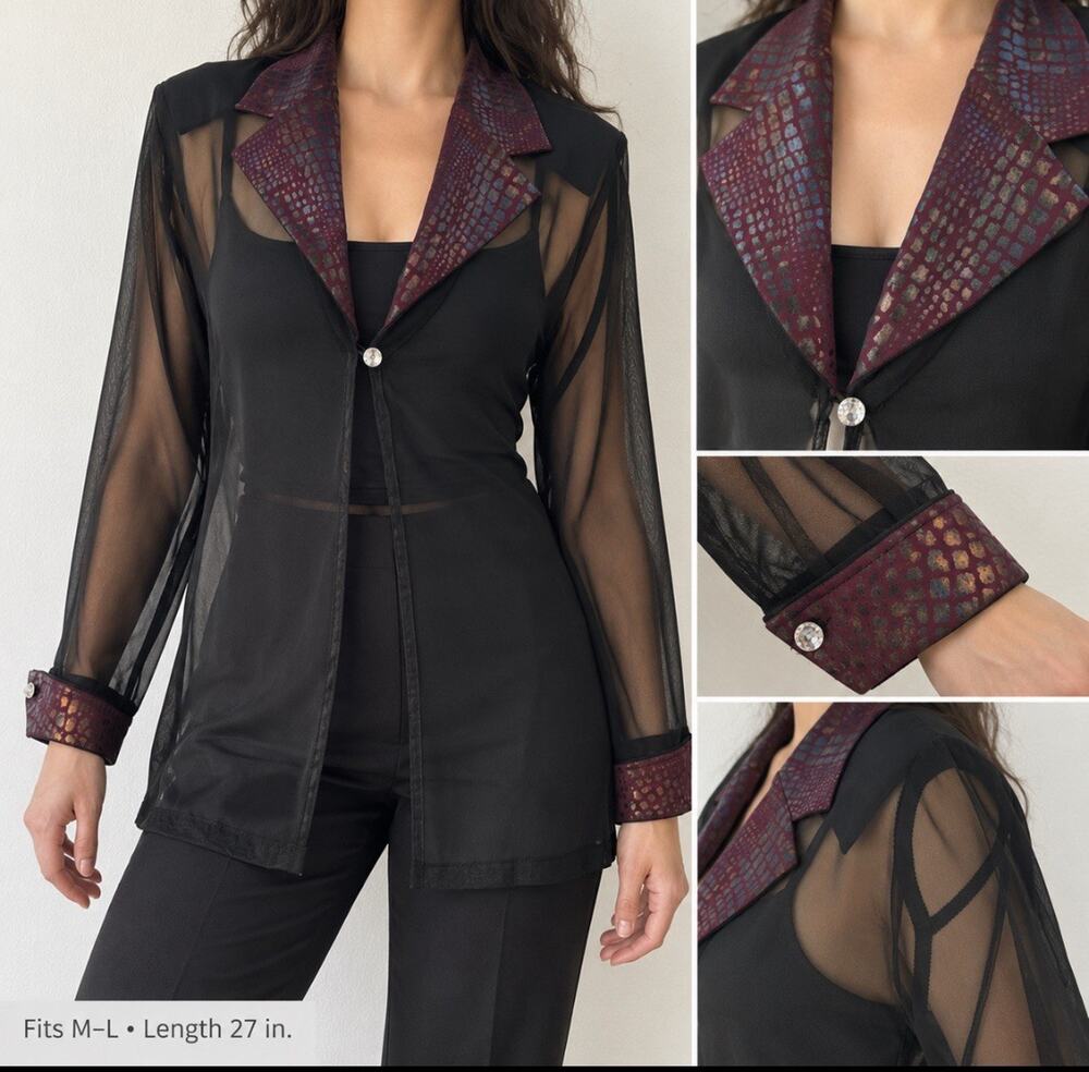 Y2K 2000s Boho Goth Unbranded Sheer Mesh Blazer Sz M Black Burgundy Snake Print